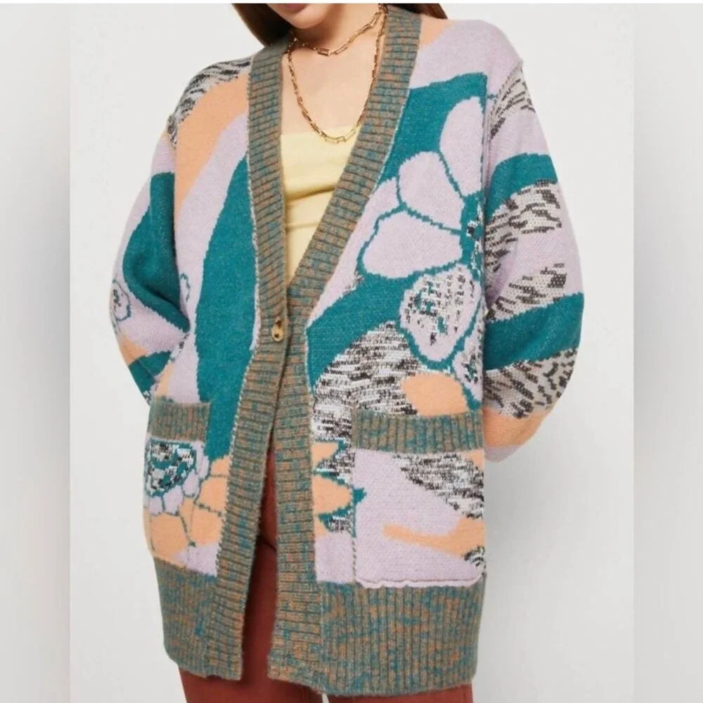 Free People August Floral Intarsia Oversized Cardigan Lavender Teal Peach Large